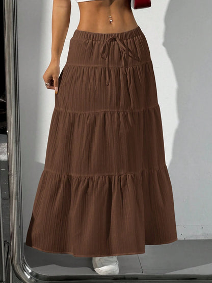 EZwear Women's Solid Color Elastic Waist Tie Casual Long A-Line Flared Skirt
