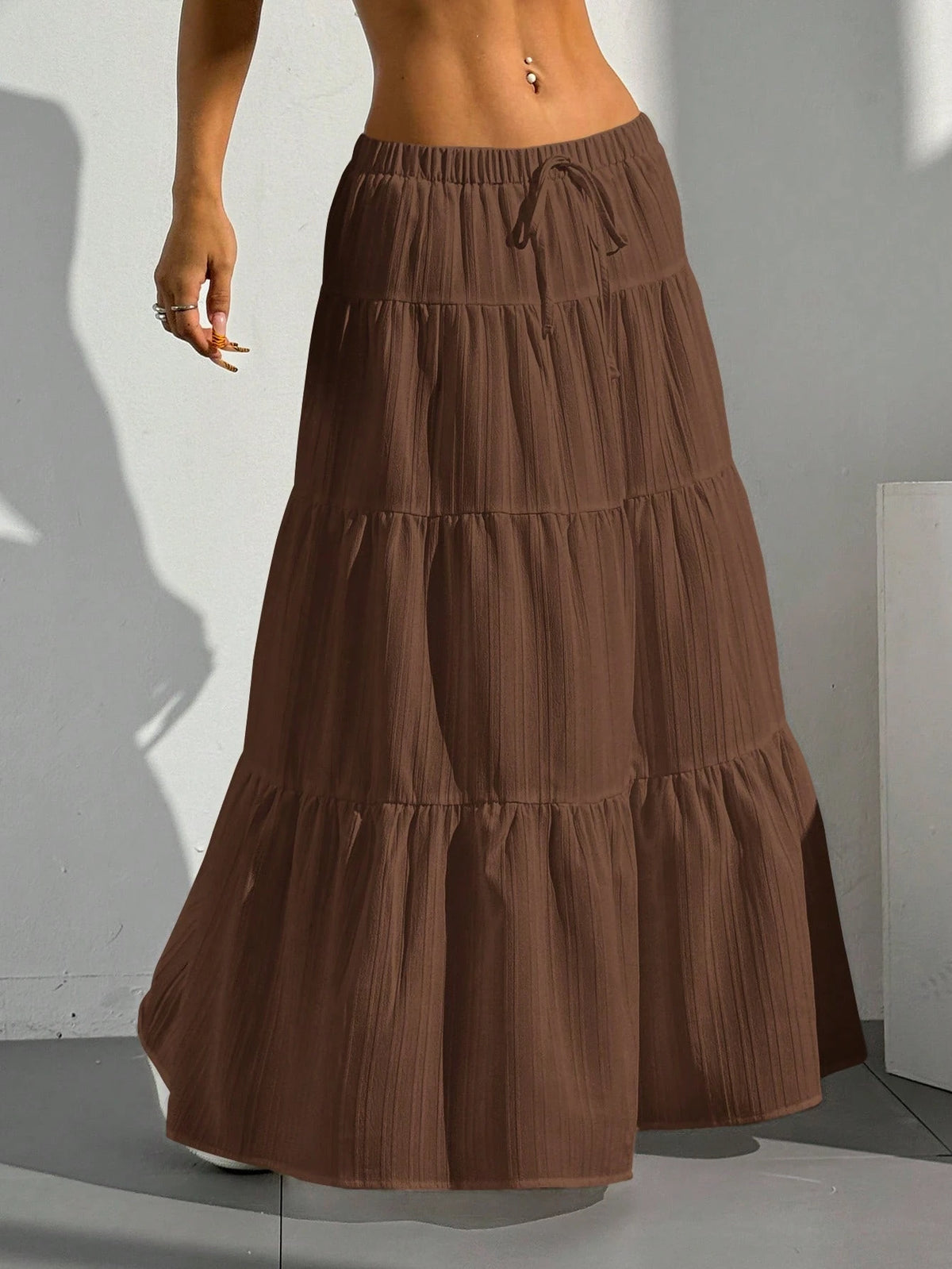 EZwear Women's Solid Color Elastic Waist Tie Casual Long A-Line Flared Skirt