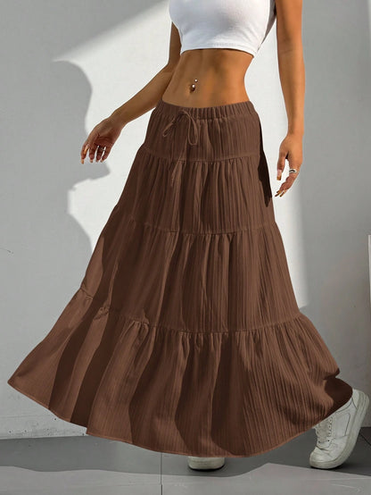 EZwear Women's Solid Color Elastic Waist Tie Casual Long A-Line Flared Skirt