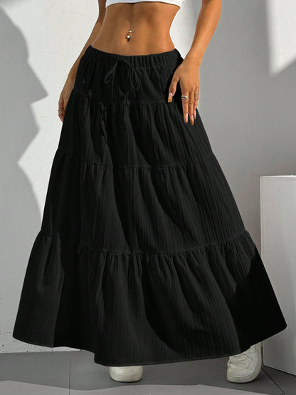 EZwear Women's Solid Color Elastic Waist Tie Casual Long A-Line Flared Skirt