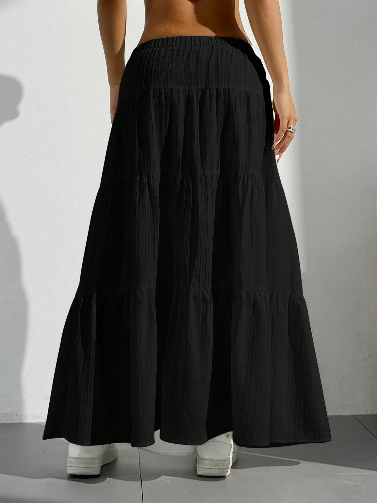 EZwear Women's Solid Color Elastic Waist Tie Casual Long A-Line Flared Skirt