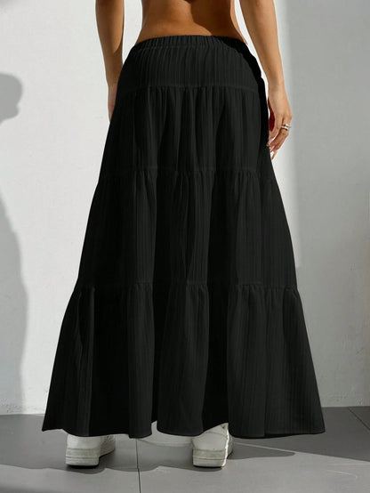 EZwear Women's Solid Color Elastic Waist Tie Casual Long A-Line Flared Skirt