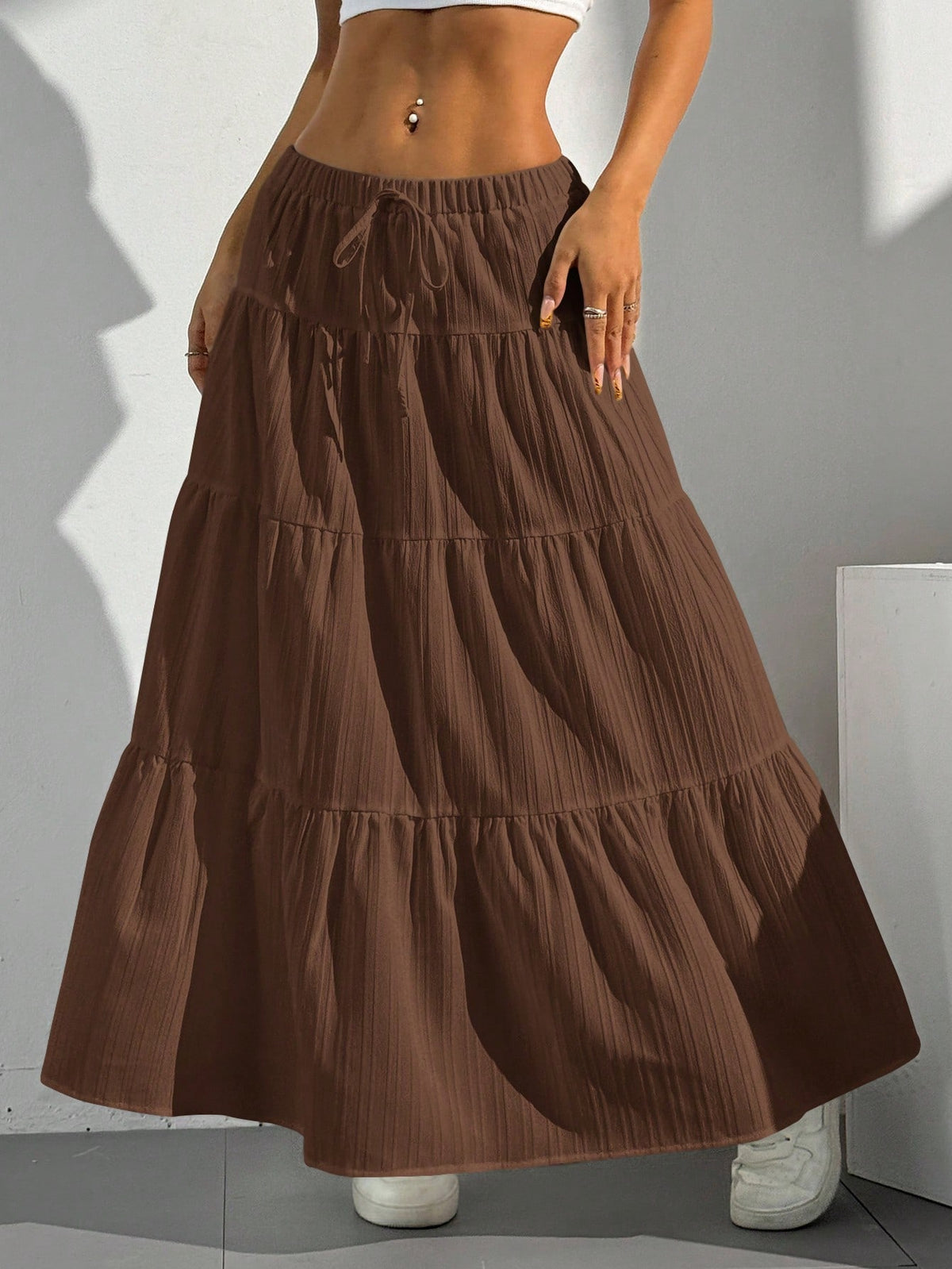 EZwear Women's Solid Color Elastic Waist Tie Casual Long A-Line Flared Skirt