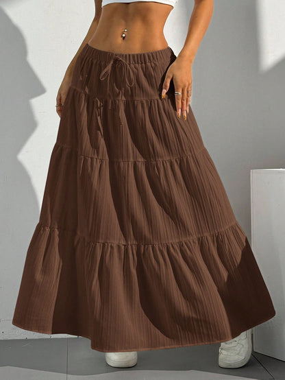 EZwear Women's Solid Color Elastic Waist Tie Casual Long A-Line Flared Skirt