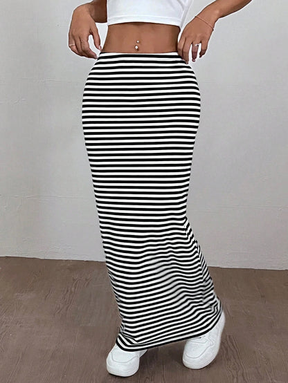 EZwear Women'S Striped Knit Tight-Fit Knee-Length Skirt