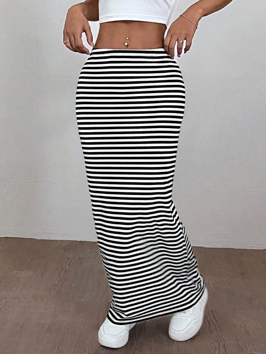 EZwear Women'S Striped Knit Tight-Fit Knee-Length Skirt