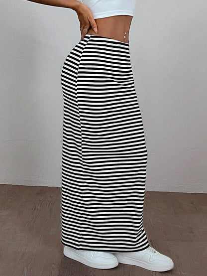 EZwear Women'S Striped Knit Tight-Fit Knee-Length Skirt