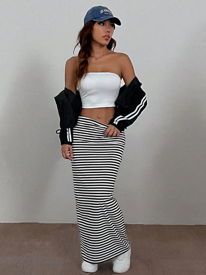 EZwear Women'S Striped Knit Tight-Fit Knee-Length Skirt