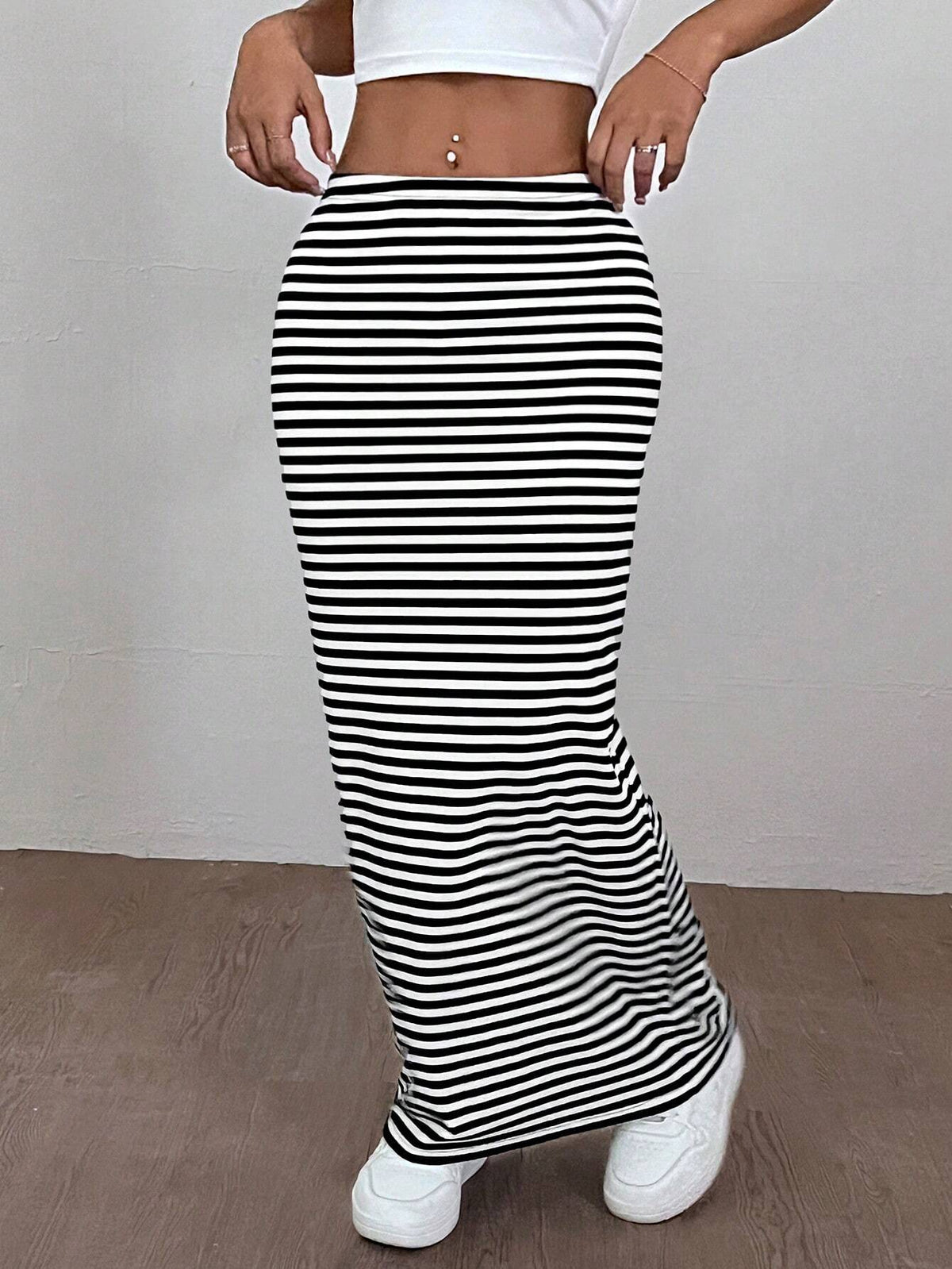 EZwear Women'S Striped Knit Tight-Fit Knee-Length Skirt