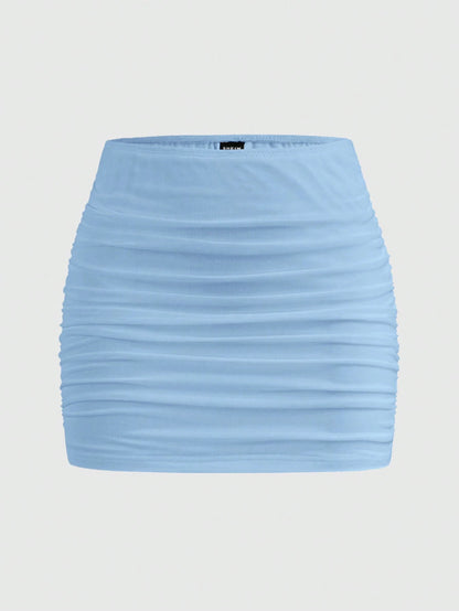 EZwear Women Solid Color Mesh Double Layer Sheer Bodycon Mini Skirt