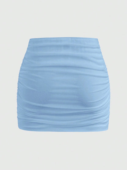 EZwear Women Solid Color Mesh Double Layer Sheer Bodycon Mini Skirt