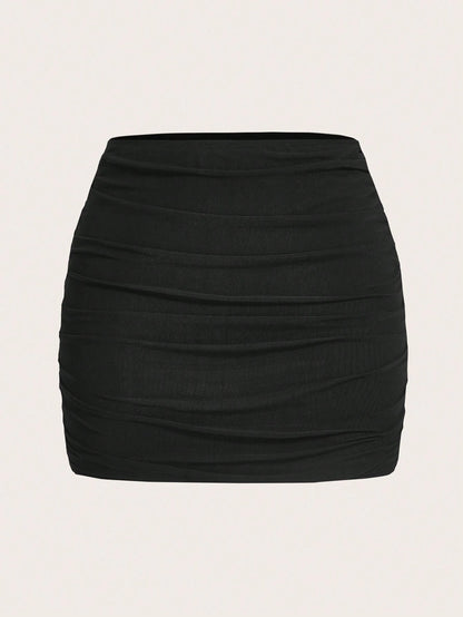 EZwear Women Solid Color Mesh Double Layer Sheer Bodycon Mini Skirt