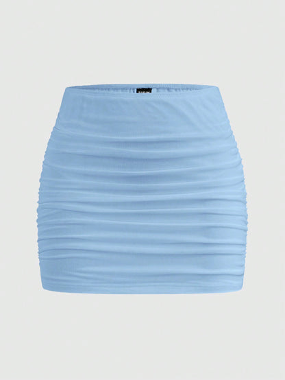 EZwear Women Solid Color Mesh Double Layer Sheer Bodycon Mini Skirt
