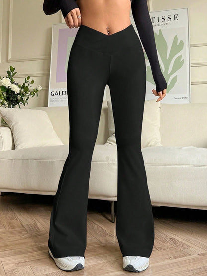 EZwear Women Solid Color Overlapping V-Shaped High-Waist Flared Pants