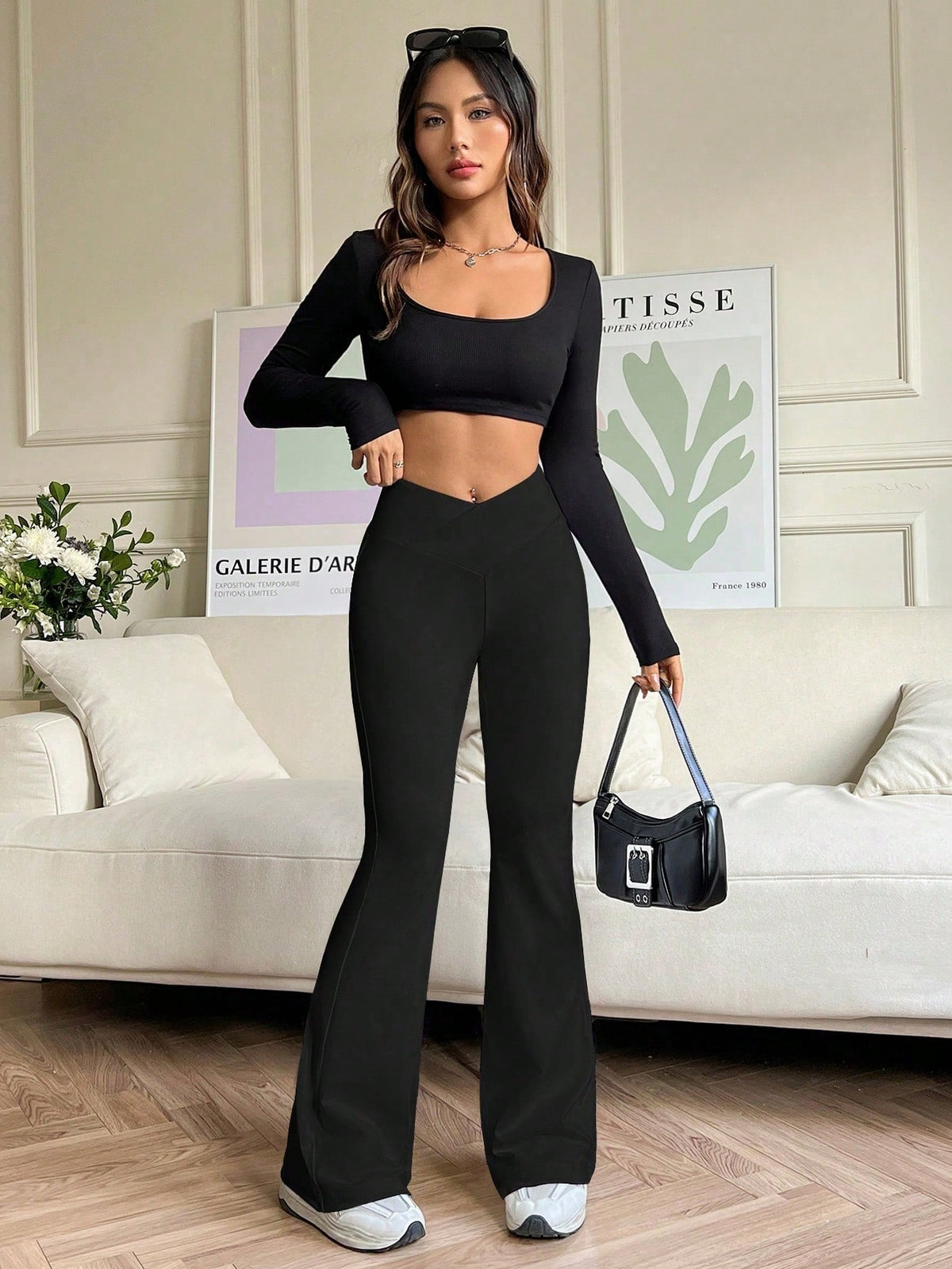 EZwear Women Solid Color Overlapping V-Shaped High-Waist Flared Pants