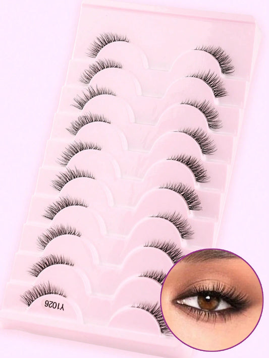 False Eyelashes, 10 Pairs/Box Mini And Cute Super Short Half Eye Lashes With Thin And Transparent Stems, Lengthened End, Natural Curly Appearance, Reusable And Ideal For Girls With Small Eyes. Suitabl