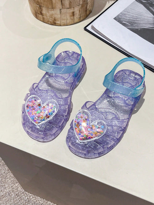 Fashion Kid Girls Princess Heart Charm Sandals, Jelly Hollow Breathable Summer Children Beach Shoes For Outdoor Play