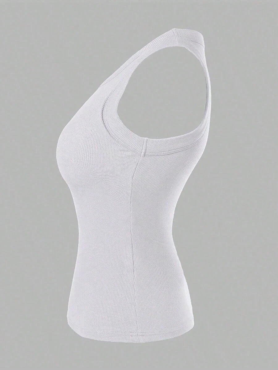 Fashion Solid Sleeveless Vest Women Casual Slim Fit Basic Tank Top Summer Daily Party Wear, White Top, Gym Clothes Women, Clothes, Lingerie For Women