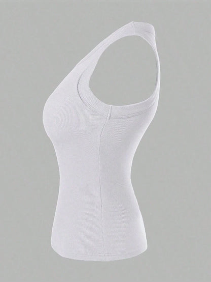 Fashion Solid Sleeveless Vest Women Casual Slim Fit Basic Tank Top Summer Daily Party Wear, White Top, Gym Clothes Women, Clothes, Lingerie For Women