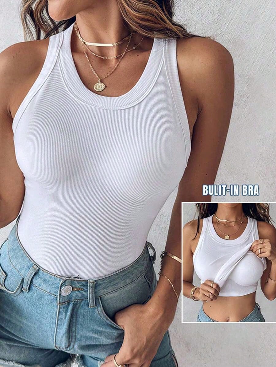 Fashion Solid Sleeveless Vest Women Casual Slim Fit Basic Tank Top Summer Daily Party Wear, White Top, Gym Clothes Women, Clothes, Lingerie For Women
