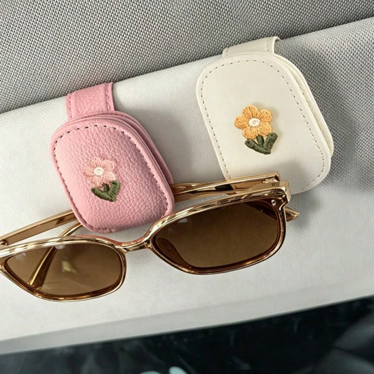 Fashionable Eyeglass Holder Clip, Embroidered Floral Design, Creative Car Visor Clip, Multi-Functional Ticket Clip, Bill And Card Organizer, Car Interior Eyewear Storage, Fun Decorative Accessory, Con