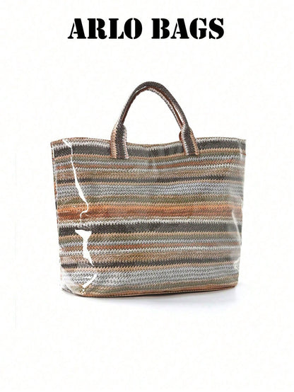 Fashionable Khaki Bright Striped Woven Tote Bag, Transparent Glossy Finish, Comfortable Top Handle. Large Capacity, Suitable For Daily Use, Ideal For Work Commute And Weekend Travel, Lightweight And D