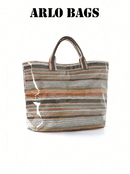 Fashionable Khaki Bright Striped Woven Tote Bag, Transparent Glossy Finish, Comfortable Top Handle. Large Capacity, Suitable For Daily Use, Ideal For Work Commute And Weekend Travel, Lightweight And D