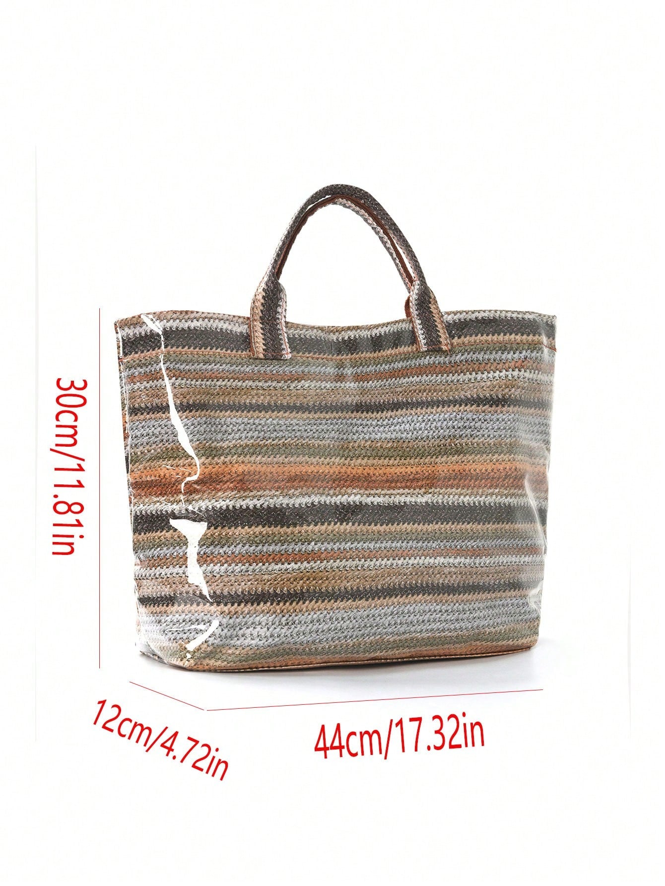 Fashionable Khaki Bright Striped Woven Tote Bag, Transparent Glossy Finish, Comfortable Top Handle. Large Capacity, Suitable For Daily Use, Ideal For Work Commute And Weekend Travel, Lightweight And D