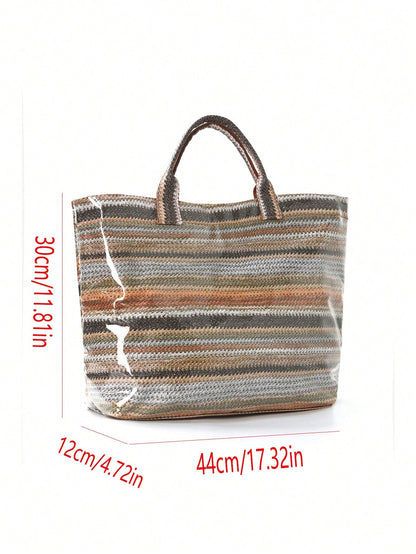 Fashionable Khaki Bright Striped Woven Tote Bag, Transparent Glossy Finish, Comfortable Top Handle. Large Capacity, Suitable For Daily Use, Ideal For Work Commute And Weekend Travel, Lightweight And D