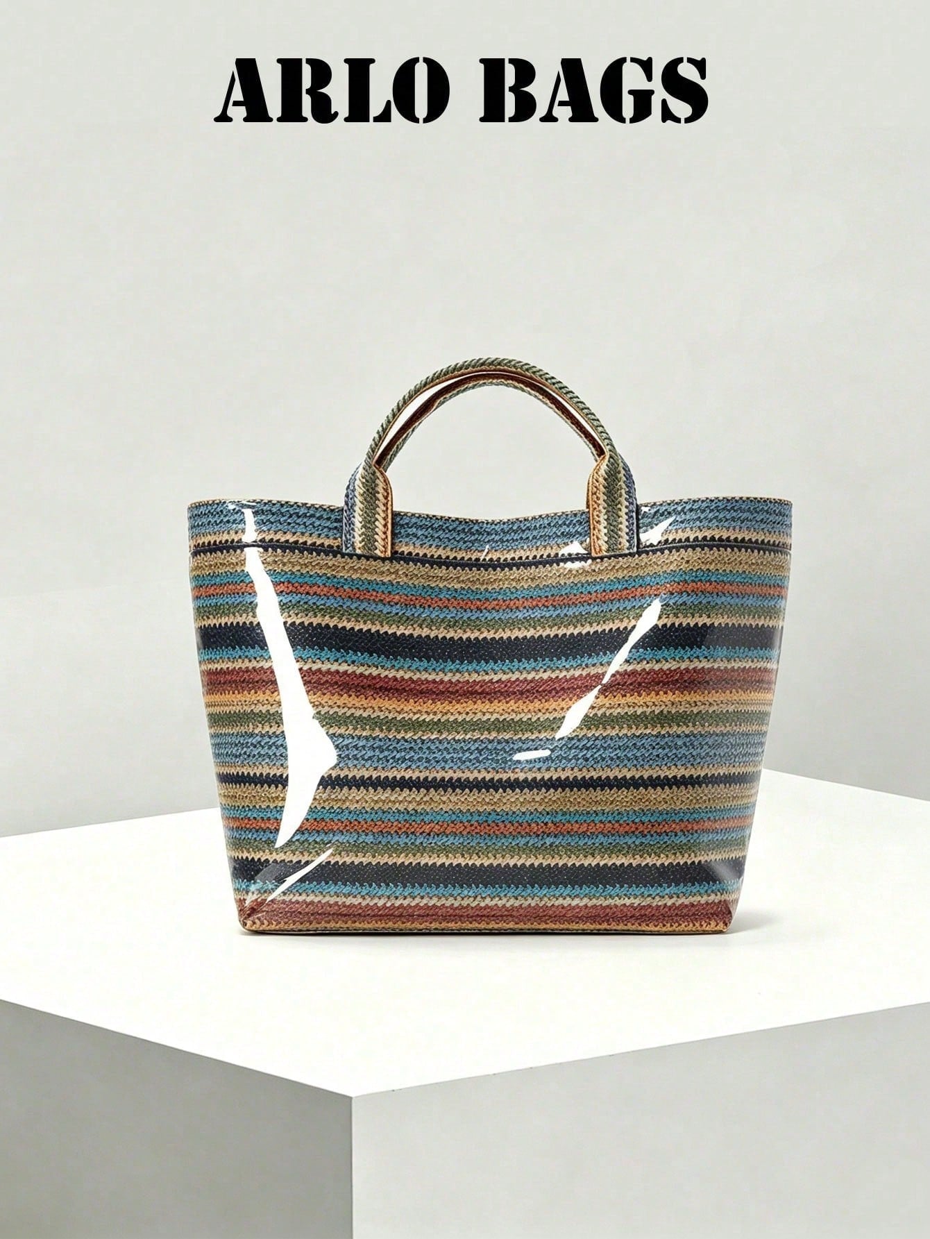 Fashionable Khaki Bright Striped Woven Tote Bag, Transparent Glossy Finish, Comfortable Top Handle. Large Capacity, Suitable For Daily Use, Ideal For Work Commute And Weekend Travel, Lightweight And D