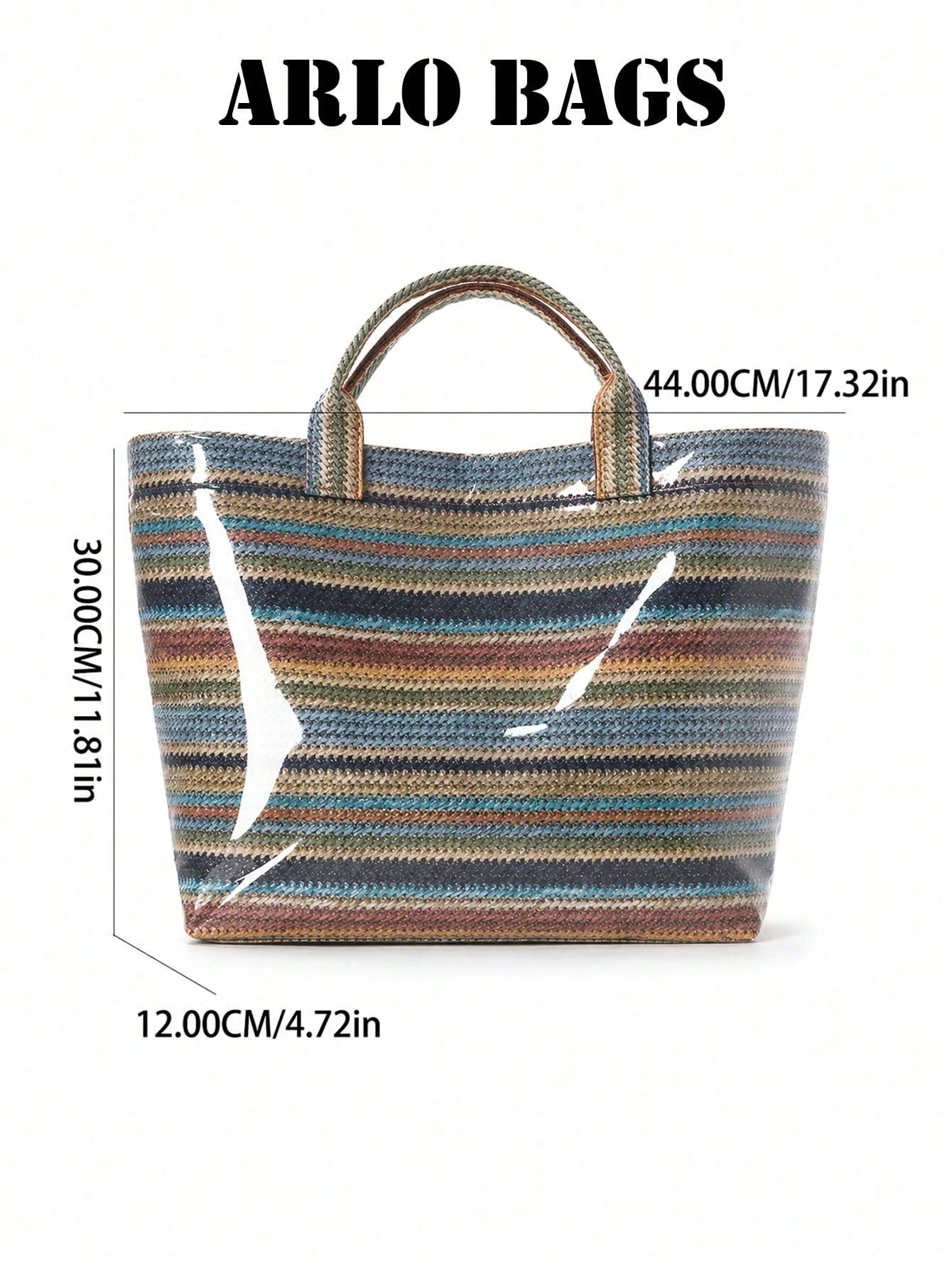Fashionable Khaki Bright Striped Woven Tote Bag, Transparent Glossy Finish, Comfortable Top Handle. Large Capacity, Suitable For Daily Use, Ideal For Work Commute And Weekend Travel, Lightweight And D