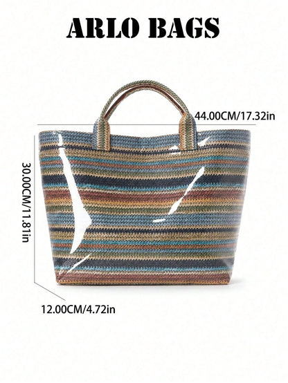 Fashionable Khaki Bright Striped Woven Tote Bag, Transparent Glossy Finish, Comfortable Top Handle. Large Capacity, Suitable For Daily Use, Ideal For Work Commute And Weekend Travel, Lightweight And D