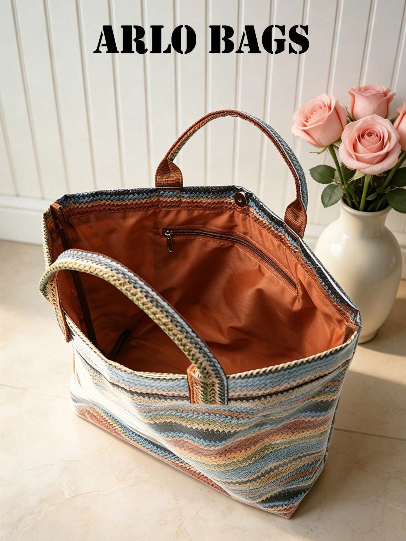 Fashionable Khaki Bright Striped Woven Tote Bag, Transparent Glossy Finish, Comfortable Top Handle. Large Capacity, Suitable For Daily Use, Ideal For Work Commute And Weekend Travel, Lightweight And D