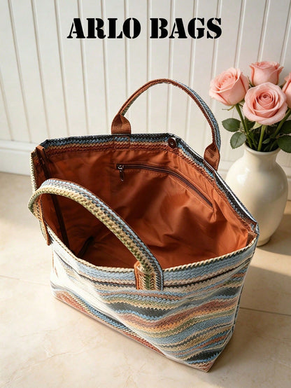 Fashionable Khaki Bright Striped Woven Tote Bag, Transparent Glossy Finish, Comfortable Top Handle. Large Capacity, Suitable For Daily Use, Ideal For Work Commute And Weekend Travel, Lightweight And D