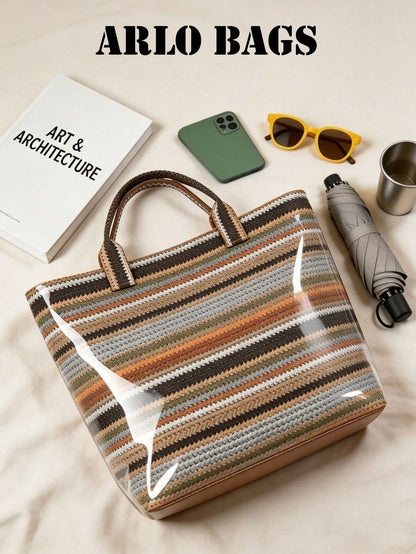 Fashionable Khaki Bright Striped Woven Tote Bag, Transparent Glossy Finish, Comfortable Top Handle. Large Capacity, Suitable For Daily Use, Ideal For Work Commute And Weekend Travel, Lightweight And D