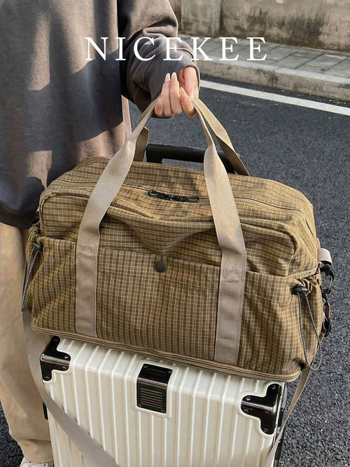 Fashionable Plaid Print Multi-Functional Luggage Bag, Minimalist Casual Retro Multi-Pocket Storage Bag With Wet And Dry Separation Compartment, Unique Design, Large Capacity, Lightweight, Foldable And