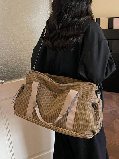 Fashionable Plaid Print Multi-Functional Luggage Bag, Minimalist Casual Retro Multi-Pocket Storage Bag With Wet And Dry Separation Compartment, Unique Design, Large Capacity, Lightweight, Foldable And