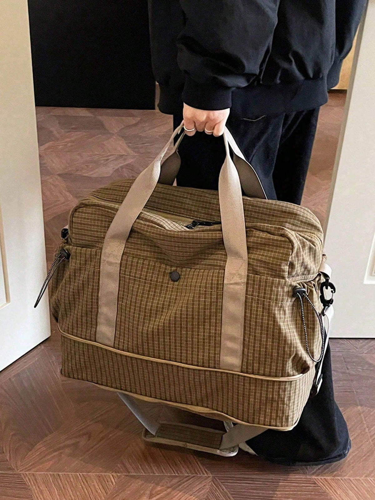 Fashionable Plaid Print Multi-Functional Luggage Bag, Minimalist Casual Retro Multi-Pocket Storage Bag With Wet And Dry Separation Compartment, Unique Design, Large Capacity, Lightweight, Foldable And