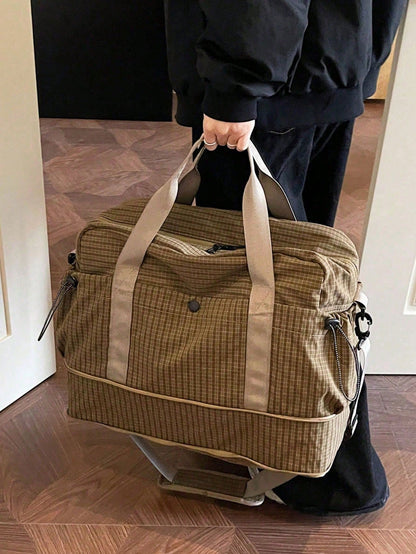 Fashionable Plaid Print Multi-Functional Luggage Bag, Minimalist Casual Retro Multi-Pocket Storage Bag With Wet And Dry Separation Compartment, Unique Design, Large Capacity, Lightweight, Foldable And