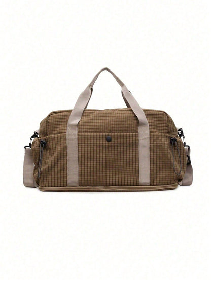 Fashionable Plaid Print Multi-Functional Luggage Bag, Minimalist Casual Retro Multi-Pocket Storage Bag With Wet And Dry Separation Compartment, Unique Design, Large Capacity, Lightweight, Foldable And