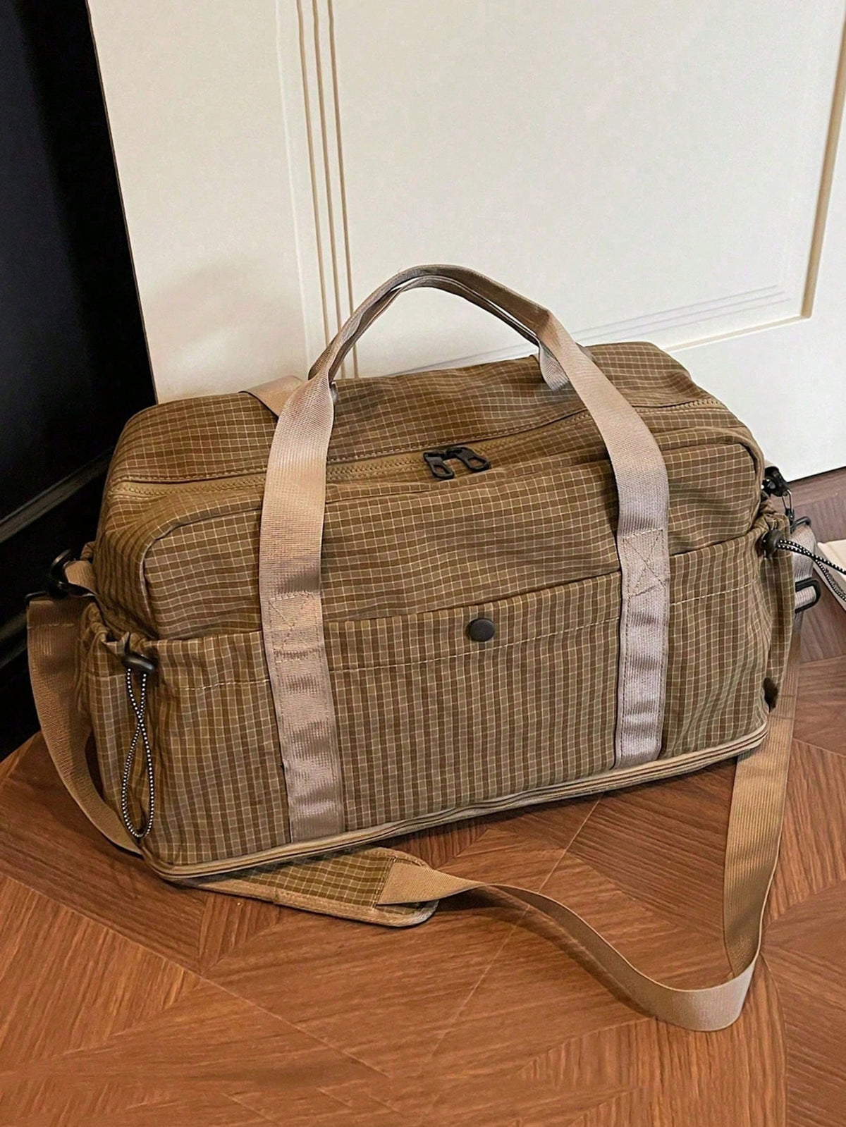 Fashionable Plaid Print Multi-Functional Luggage Bag, Minimalist Casual Retro Multi-Pocket Storage Bag With Wet And Dry Separation Compartment, Unique Design, Large Capacity, Lightweight, Foldable And
