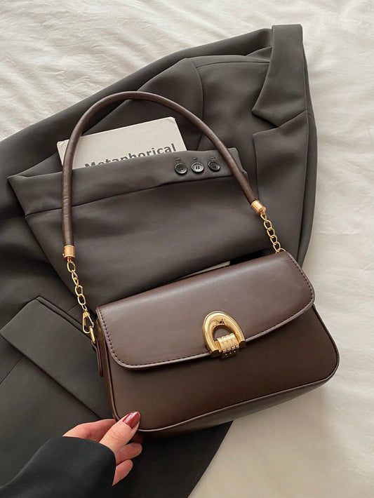 Fashionable Solid Color Metal Decor Multi-Functional Underarm Shoulder Bag, Suitable For Shopping