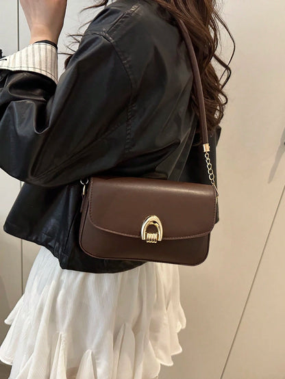 Fashionable Solid Color Metal Decor Multi-Functional Underarm Shoulder Bag, Suitable For Shopping