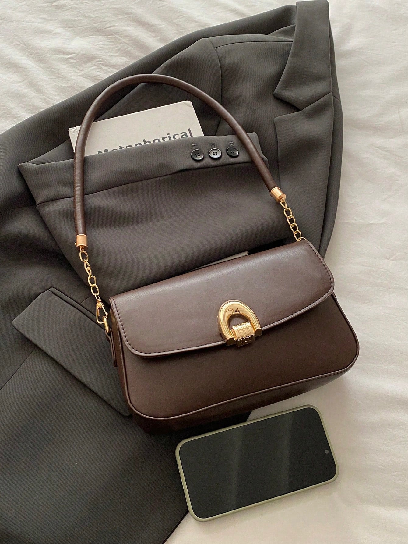 Fashionable Solid Color Metal Decor Multi-Functional Underarm Shoulder Bag, Suitable For Shopping