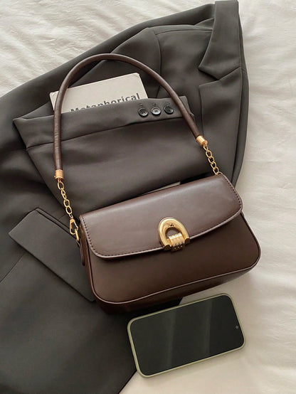 Fashionable Solid Color Metal Decor Multi-Functional Underarm Shoulder Bag, Suitable For Shopping