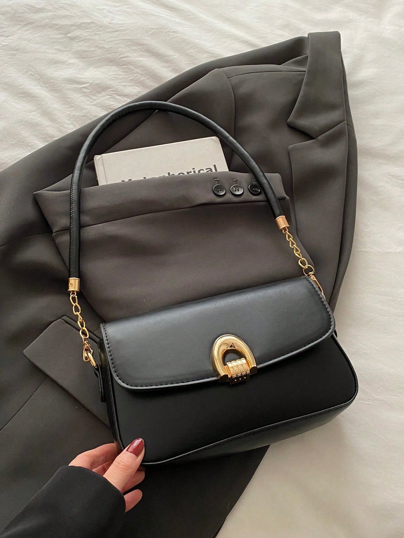 Fashionable Solid Color Metal Decor Multi-Functional Underarm Shoulder Bag, Suitable For Shopping