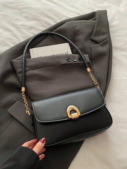 Fashionable Solid Color Metal Decor Multi-Functional Underarm Shoulder Bag, Suitable For Shopping