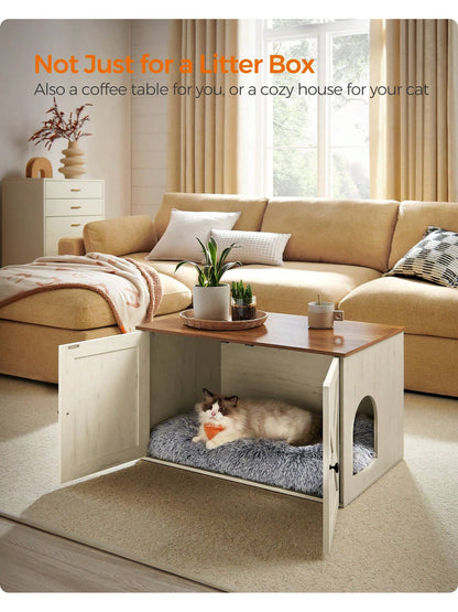 Feandrea Cat Litter Box Enclosure, Litter Box Furniture Hidden With Removable Divider, Indoor Cat House, End Table, 31.5 X 20.9 X 19.7 Inches,Chocolate Brown, Light Grey, White,Ink Black
