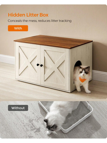 Feandrea Cat Litter Box Enclosure, Litter Box Furniture Hidden With Removable Divider, Indoor Cat House, End Table, 31.5 X 20.9 X 19.7 Inches,Chocolate Brown, Light Grey, White,Ink Black
