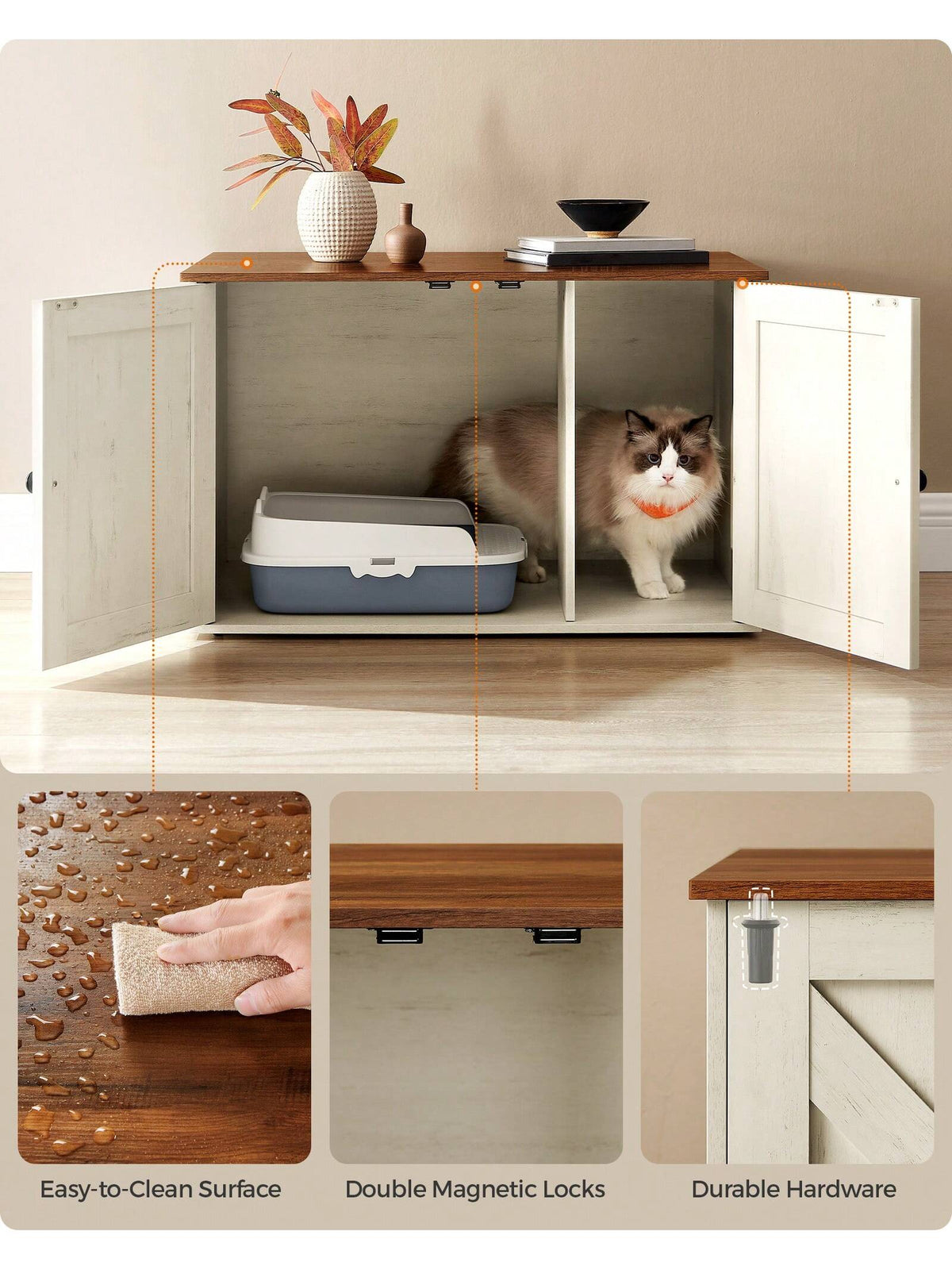 Feandrea Cat Litter Box Enclosure, Litter Box Furniture Hidden With Removable Divider, Indoor Cat House, End Table, 31.5 X 20.9 X 19.7 Inches,Chocolate Brown, Light Grey, White,Ink Black
